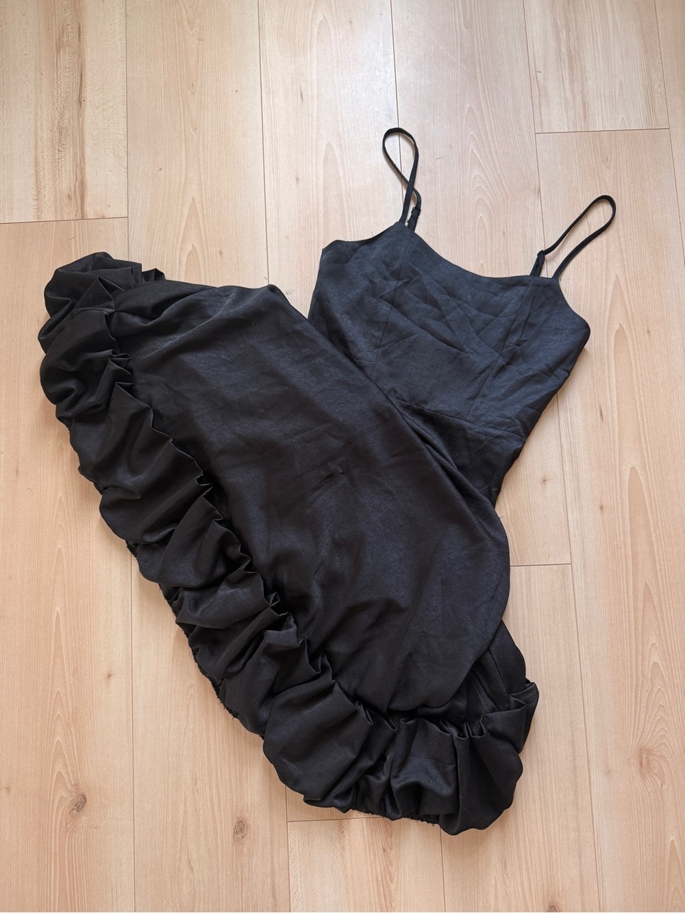 Black Ruffled Midi Slip Dress